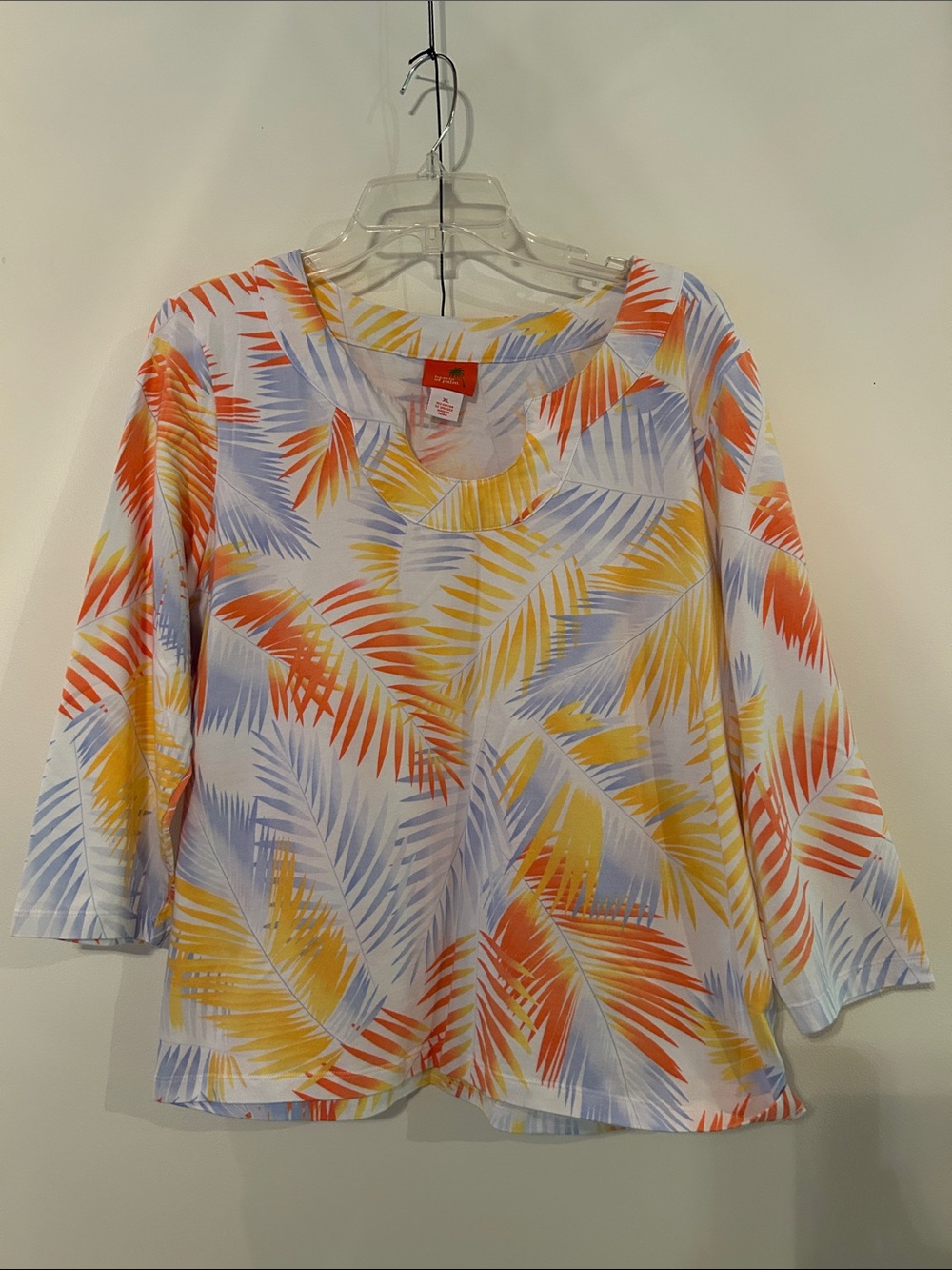 hearts of palm Tropical Leaf Print 3/4 Sleeve Top - Orange, Yellow, Lavender